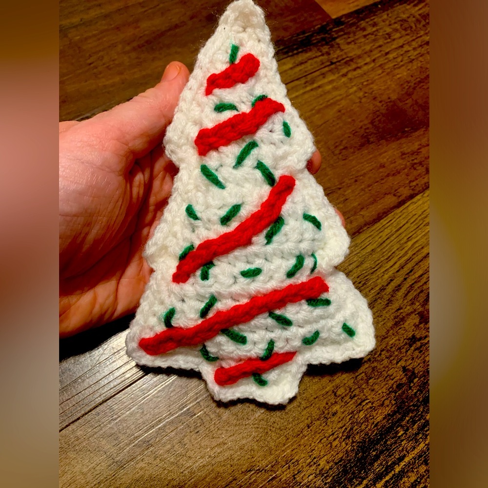 Hand crocheted Christmas tree cake